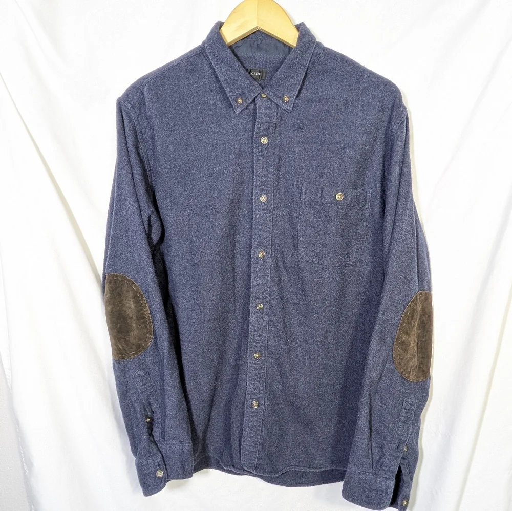 J. CREW Blue‎ Cotton/Wool Blend Leather Elbow Patch Button Down Preppy Warm XL